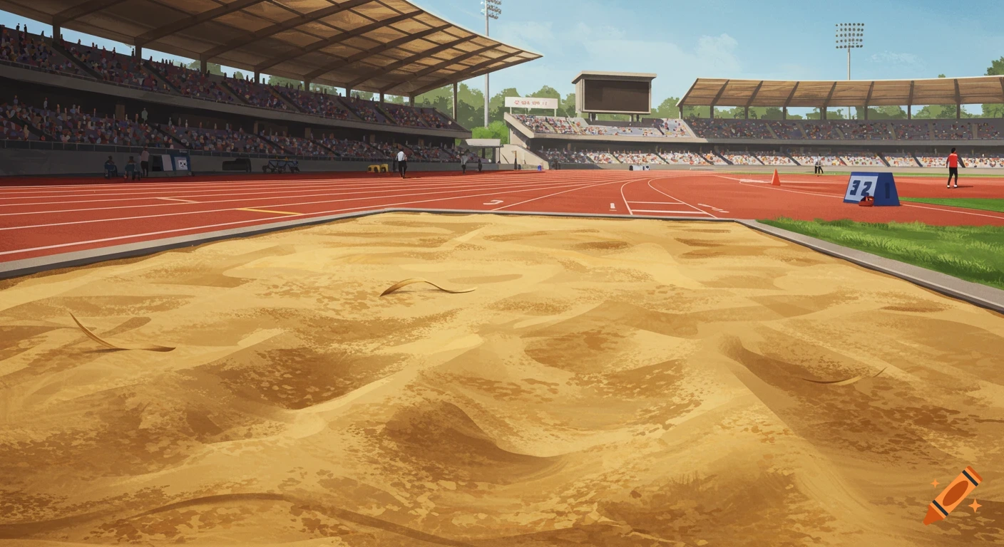 A long jump pit and running track inside a large, outdoor sports stadium filled with spectators, in an illustrative style.