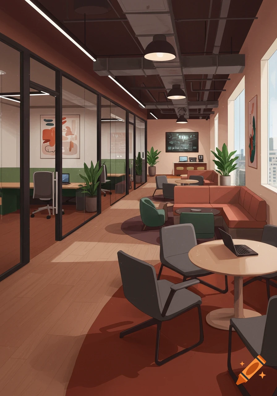 Modern office interior with glass-partitioned workspaces, lounge areas, and large windows overlooking a city.