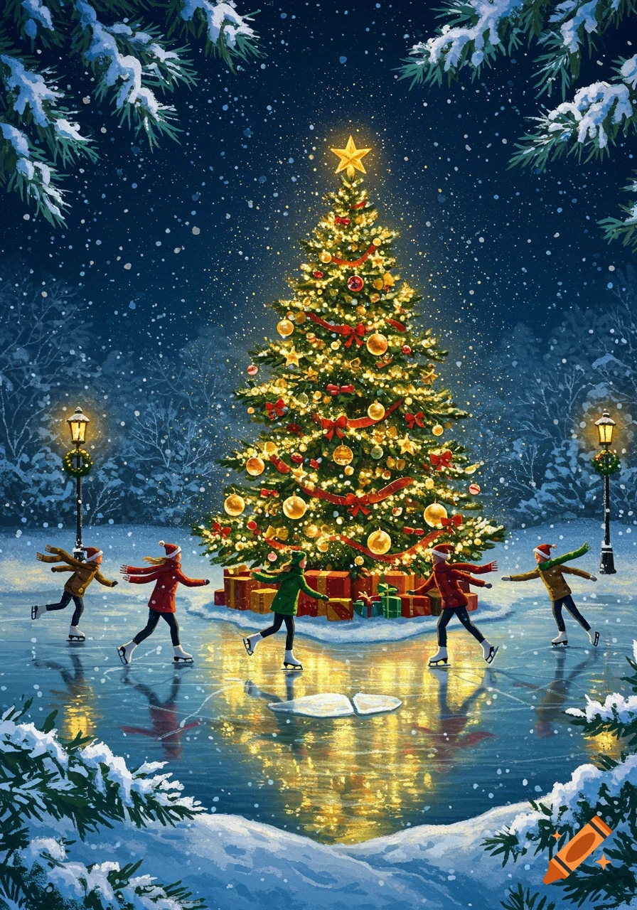 A vibrant painterly illustration of people ice skating around a brightly lit Christmas tree in a snowy park at night.