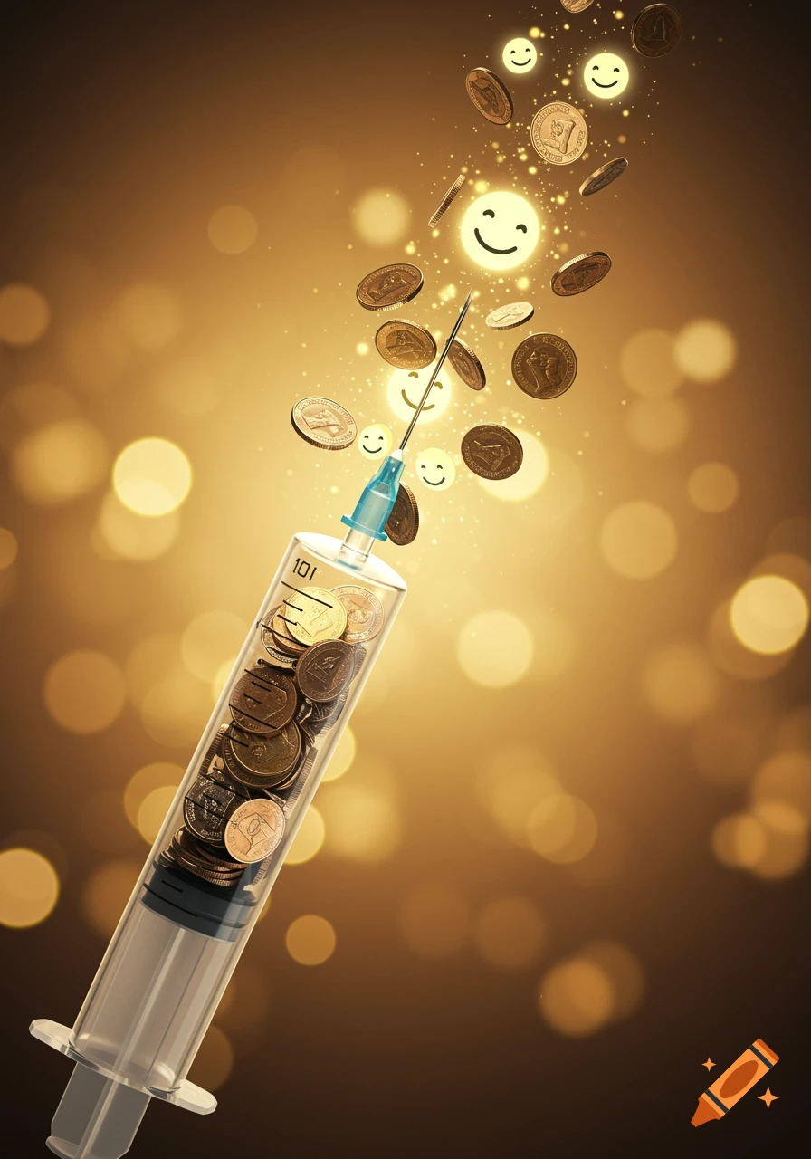 A clear syringe filled with gold coins, with more coins and glowing yellow smiley faces emerging from its needle on a golden bokeh background.