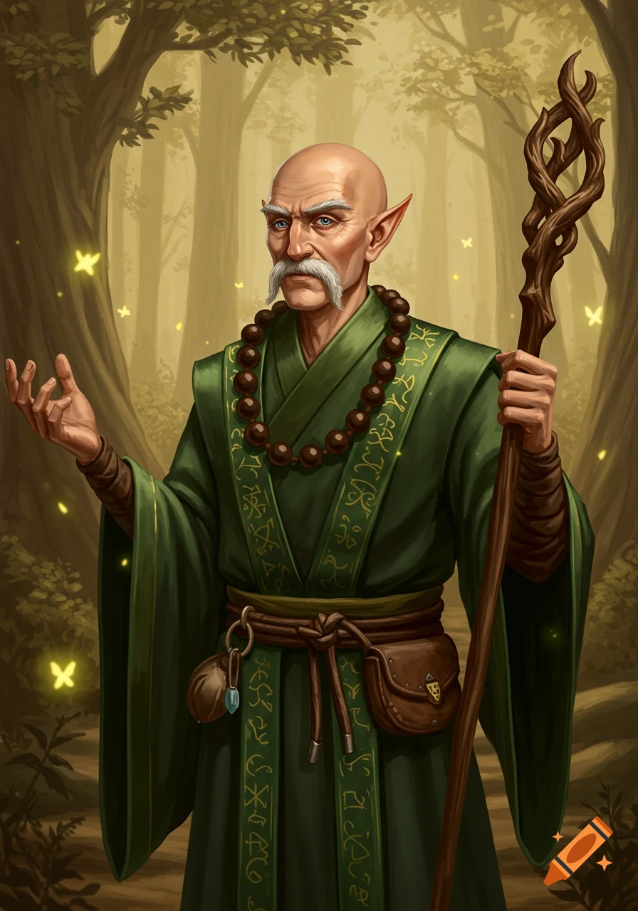 A bald elf monk with a white mustache and beard wears a green robe with golden symbols and a wooden bead necklace, holding a staff in a forest with glowing butterflies.