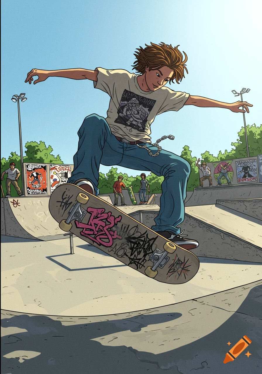 A dynamic comic-style illustration of a male skater performing a trick in a sunlit skate park, with other skaters in the background.