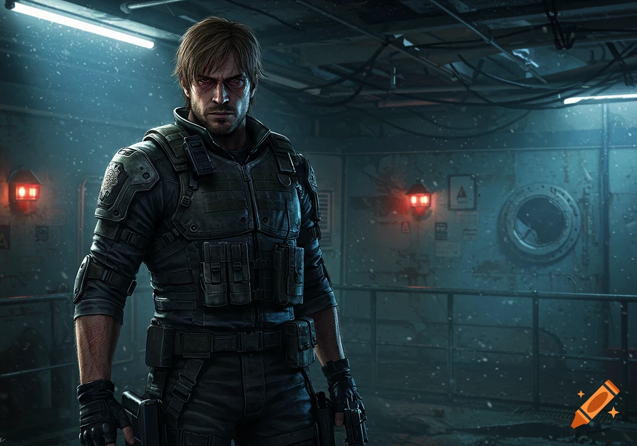A serious man in tactical gear stands in a dark, gritty sci-fi environment with red lights.