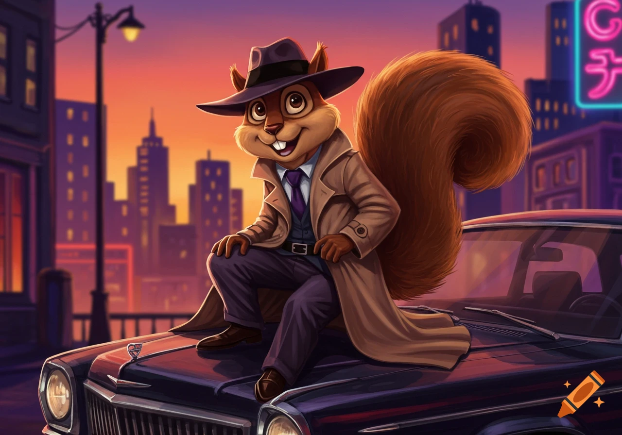 A cartoon squirrel wearing a trench coat and fedora sits on the hood of a vintage car in a city at sunset.