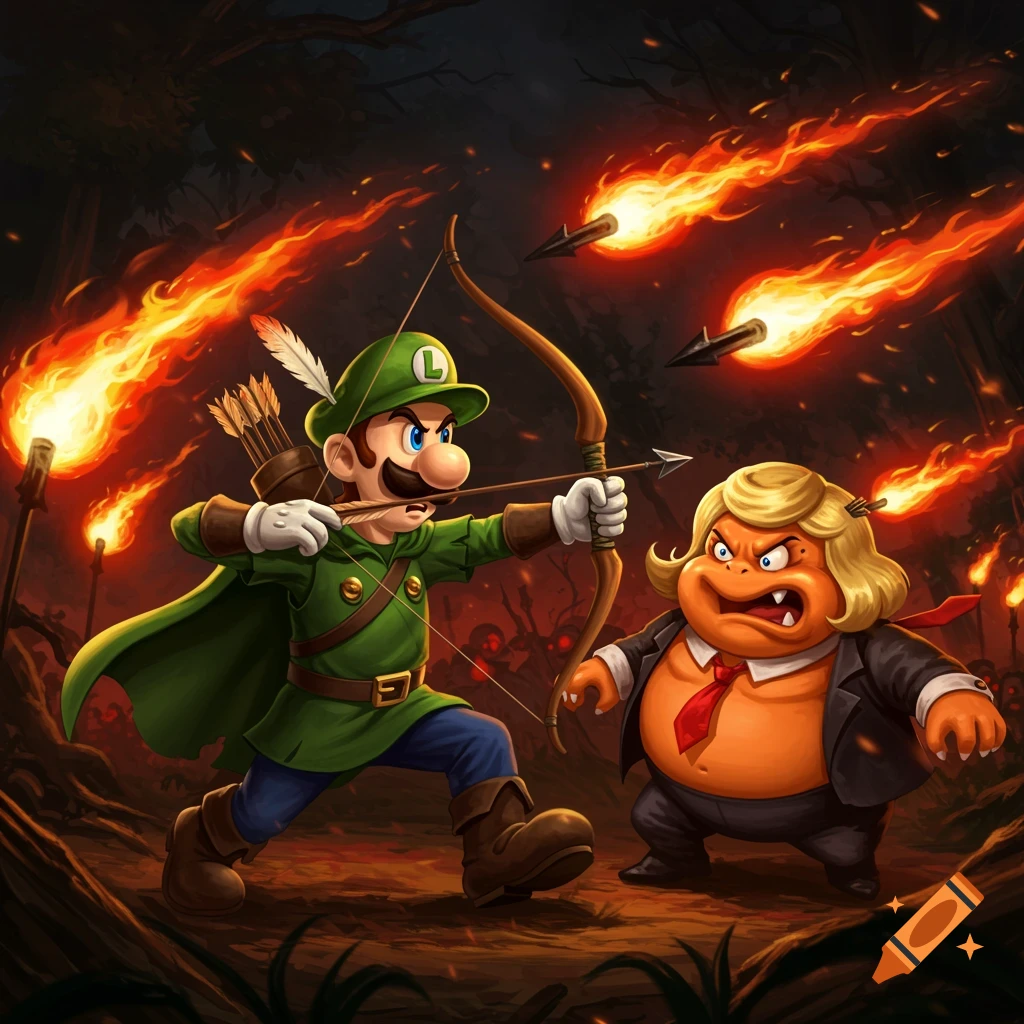 Luigi dressed as Robin Hood aims a flaming arrow at an angry, orange, blonde-haired monster in a suit in a dark, fiery forest.