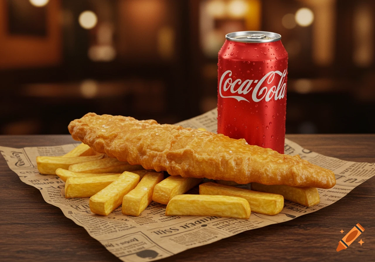 A hyper-realistic close-up of golden-brown fish and chips on newspaper with a sweating red Coca-Cola can on a wooden table.