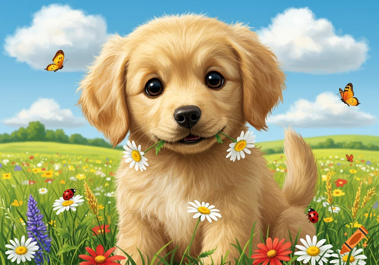 A cute golden retriever puppy sits in a vibrant field of colorful flowers, holding daisies in its mouth.