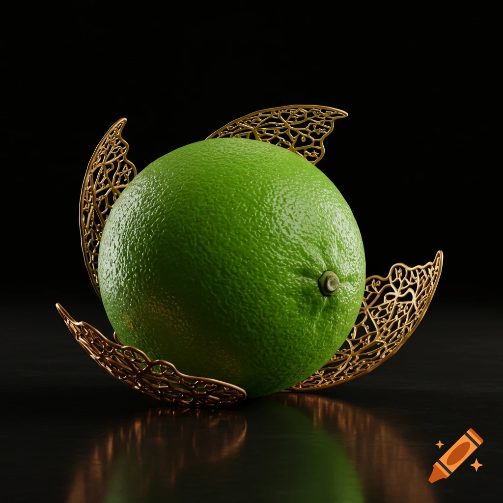 A photorealistic lime rests in an ornate golden filigree holder on a dark, reflective surface.