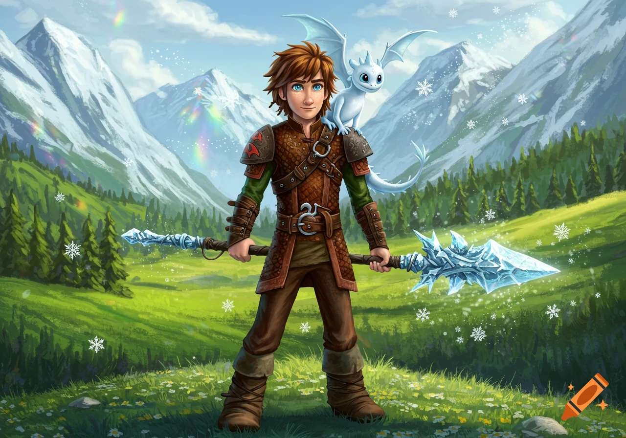 Fantasy illustration of a brown-haired youth with a white dragon on his shoulder, holding an ice spear in a lush valley with snowy mountains.
