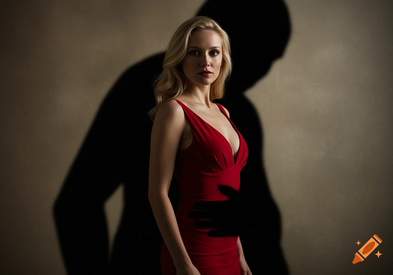Photorealistic portrait of a blonde woman in a red dress, embraced by a large, dark shadow behind her.