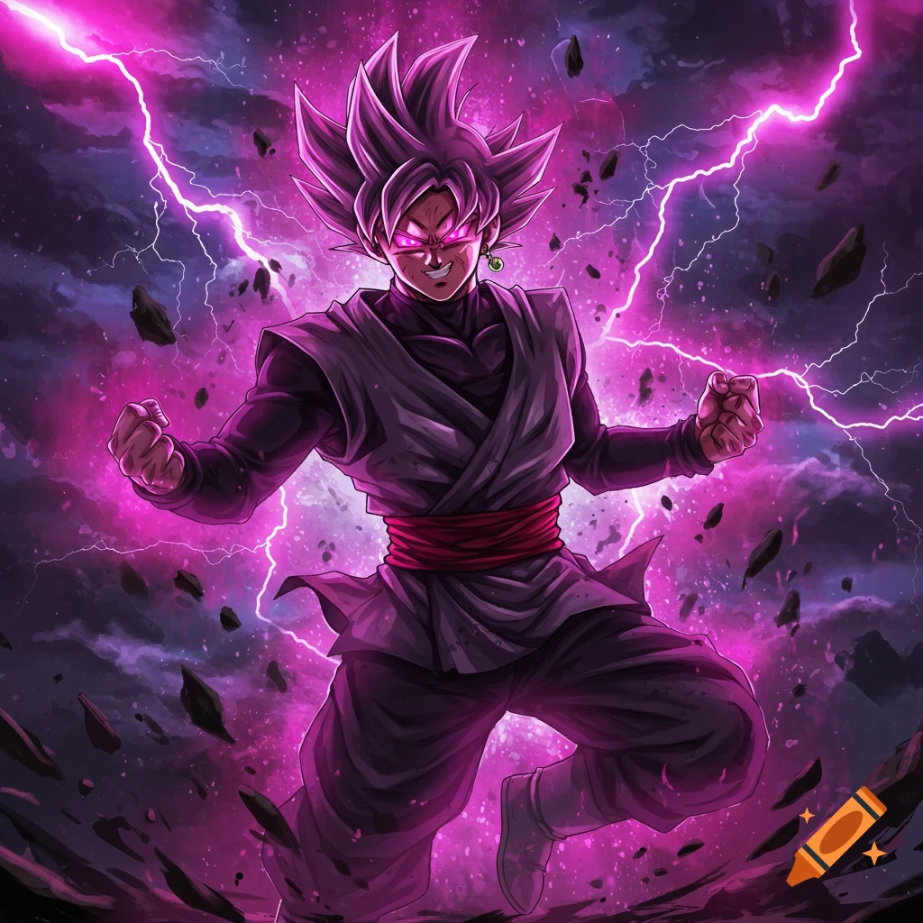 Goku Black, a powerful anime character, stands amidst a chaotic storm of vibrant pink lightning and swirling energy.