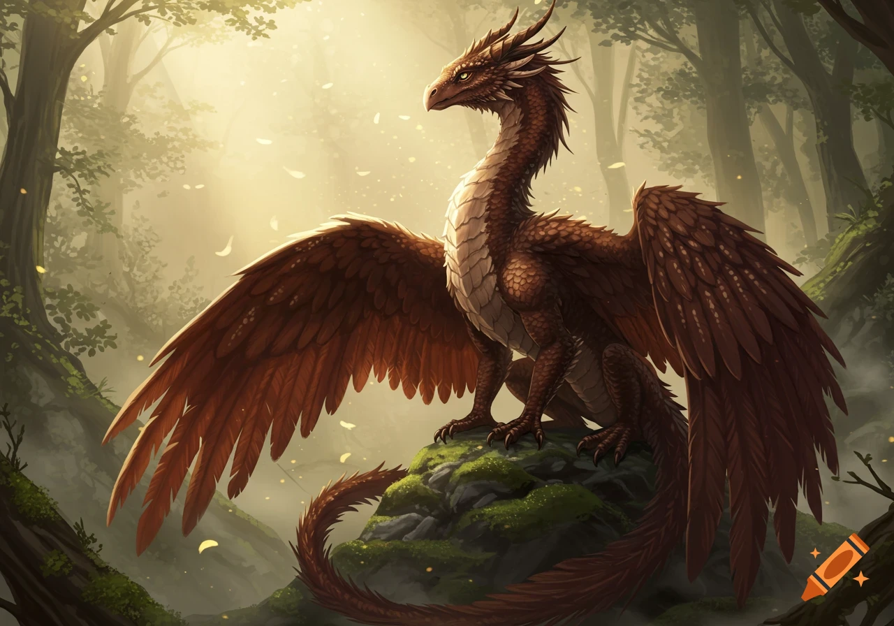 A brown feathered dragon with wings spread, standing on a mossy rock in a sun-dappled forest.