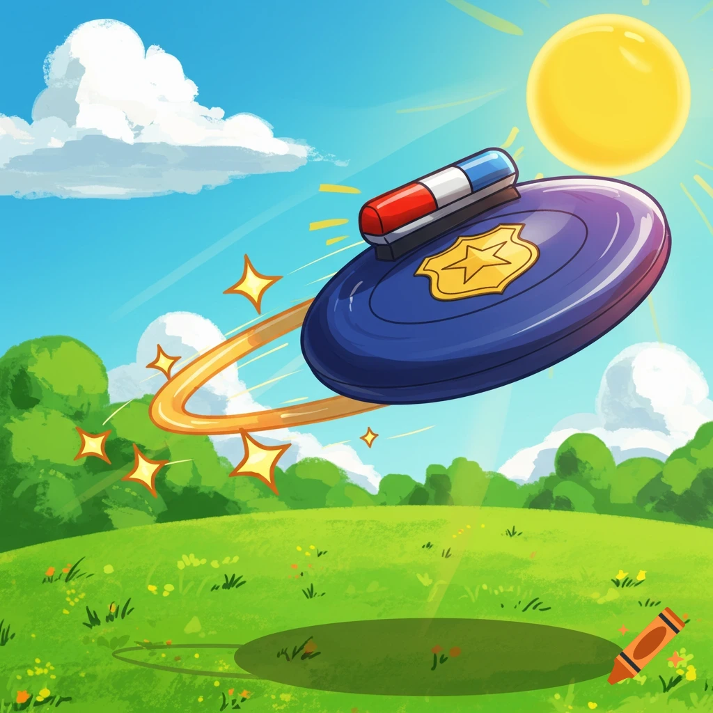 A cartoon police-themed frisbee with a flashing light and star badge flies through a sunny green park.