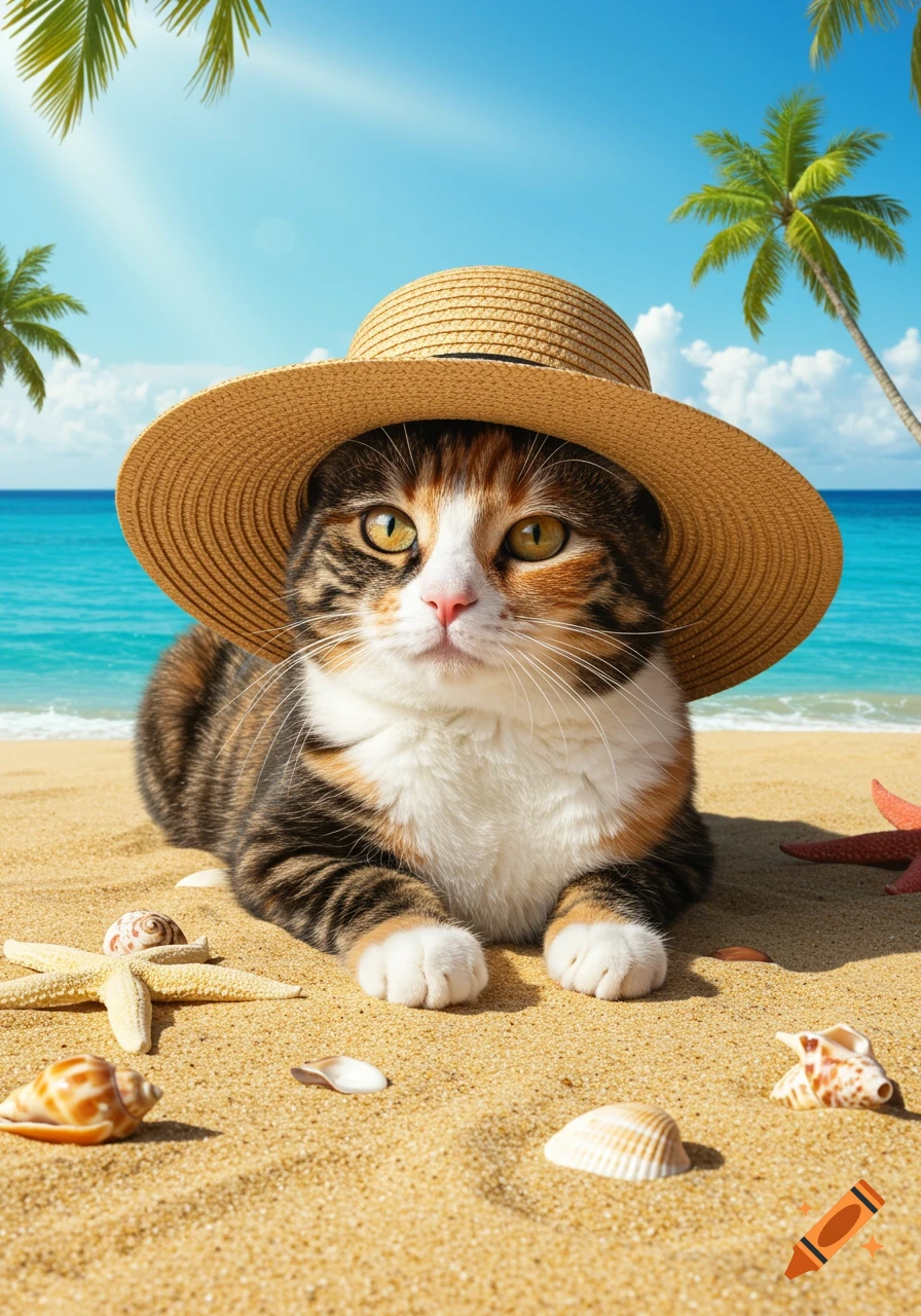 A realistic photo of a calico cat wearing a sunhat, lying on a sandy beach with seashells, palm trees, and blue ocean.