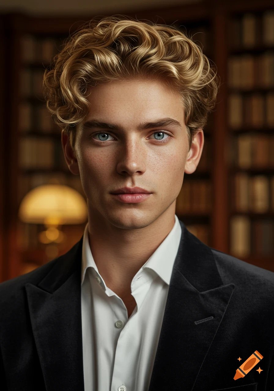 Photorealistic portrait of a young man with blonde curly hair, blue eyes, and freckles, wearing a dark velvet jacket in a library.