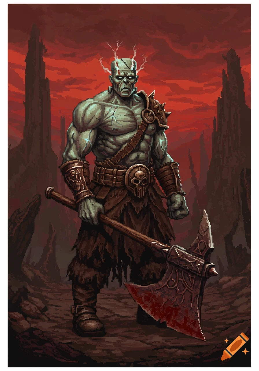 Pixel art of a Frankenstein barbarian holding a bloody axe in a grim dark, red-skied landscape.