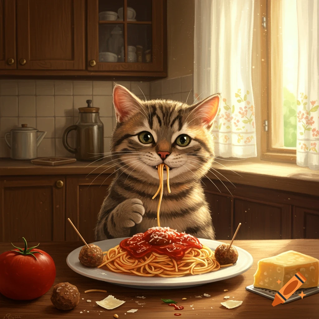 A tabby cat sitting at a kitchen table, smiling and eating a plate of spaghetti and meatballs.