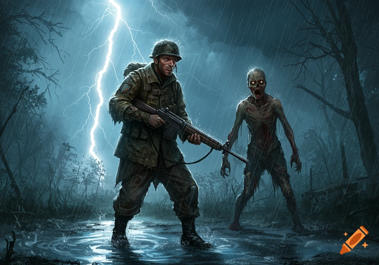 A soldier aims a rifle at a zombie in a dark, stormy forest with lightning striking in the background.