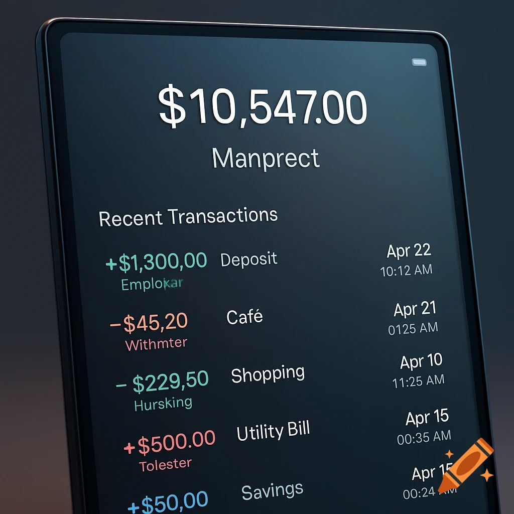 Close-up of a digital screen displaying a bank account statement with a balance of $10,547.00 and recent transactions.