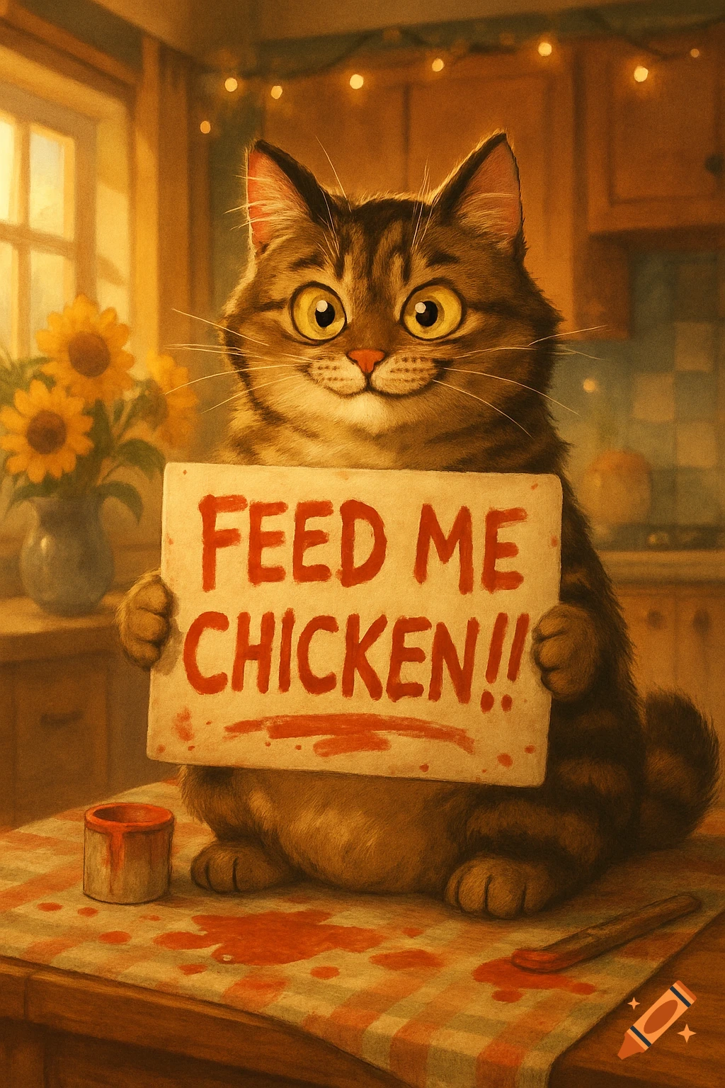 A cute, fluffy brown tabby cat sits on a kitchen table, holding a sign that says "FEED ME CHICKEN!!", in an illustrative style.