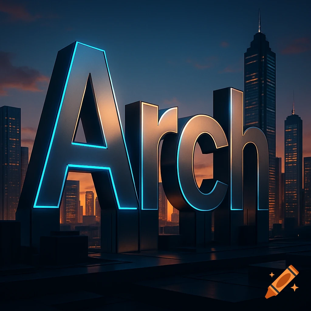 Large glowing metallic letters spelling 'Arch' stand in front of a city skyline at dusk.