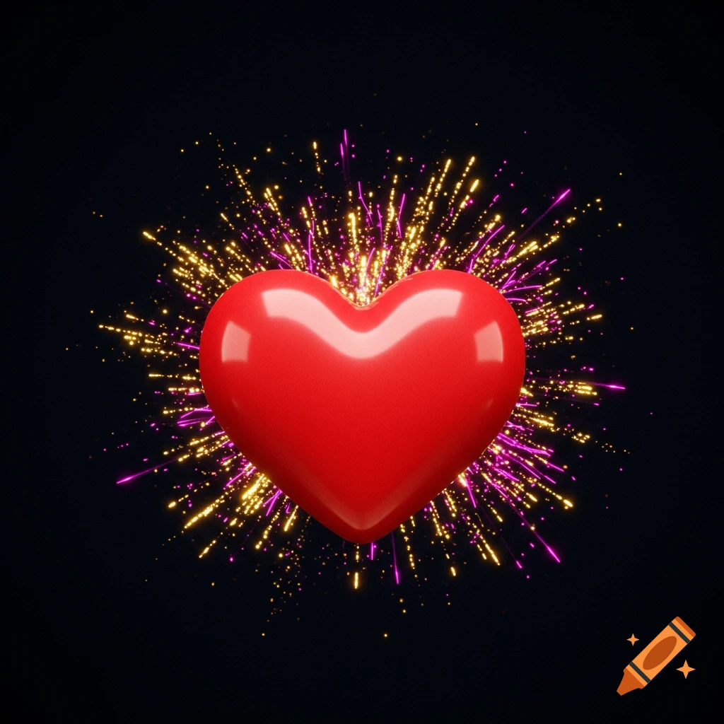 A glossy red heart with radiating yellow and pink fireworks on a dark background.