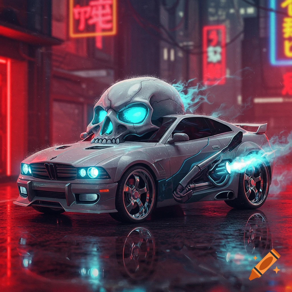 A gray car with a giant glowing skull on its roof, spewing blue energy, in a neon-lit cyberpunk city at night.