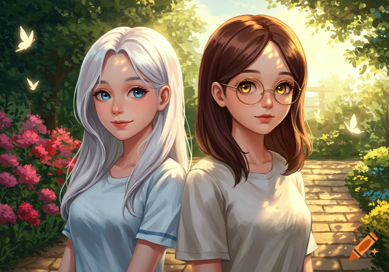 Anime-style illustration of two girls in a sunny garden. One has white hair and blue eyes, the other has brown hair and glasses.