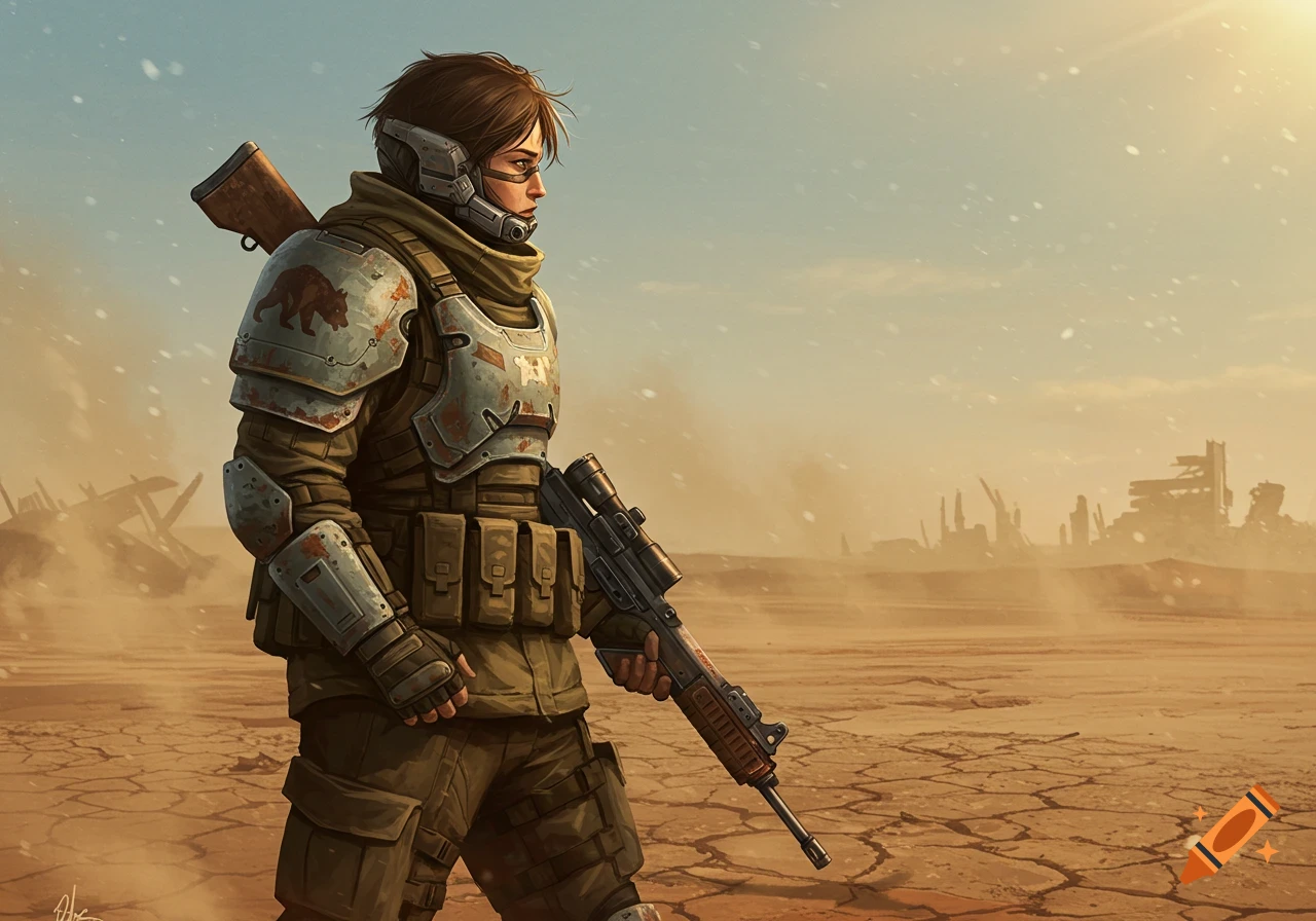 A young soldier in futuristic armor with a rifle stands in a cracked desert wasteland under a hazy sky.