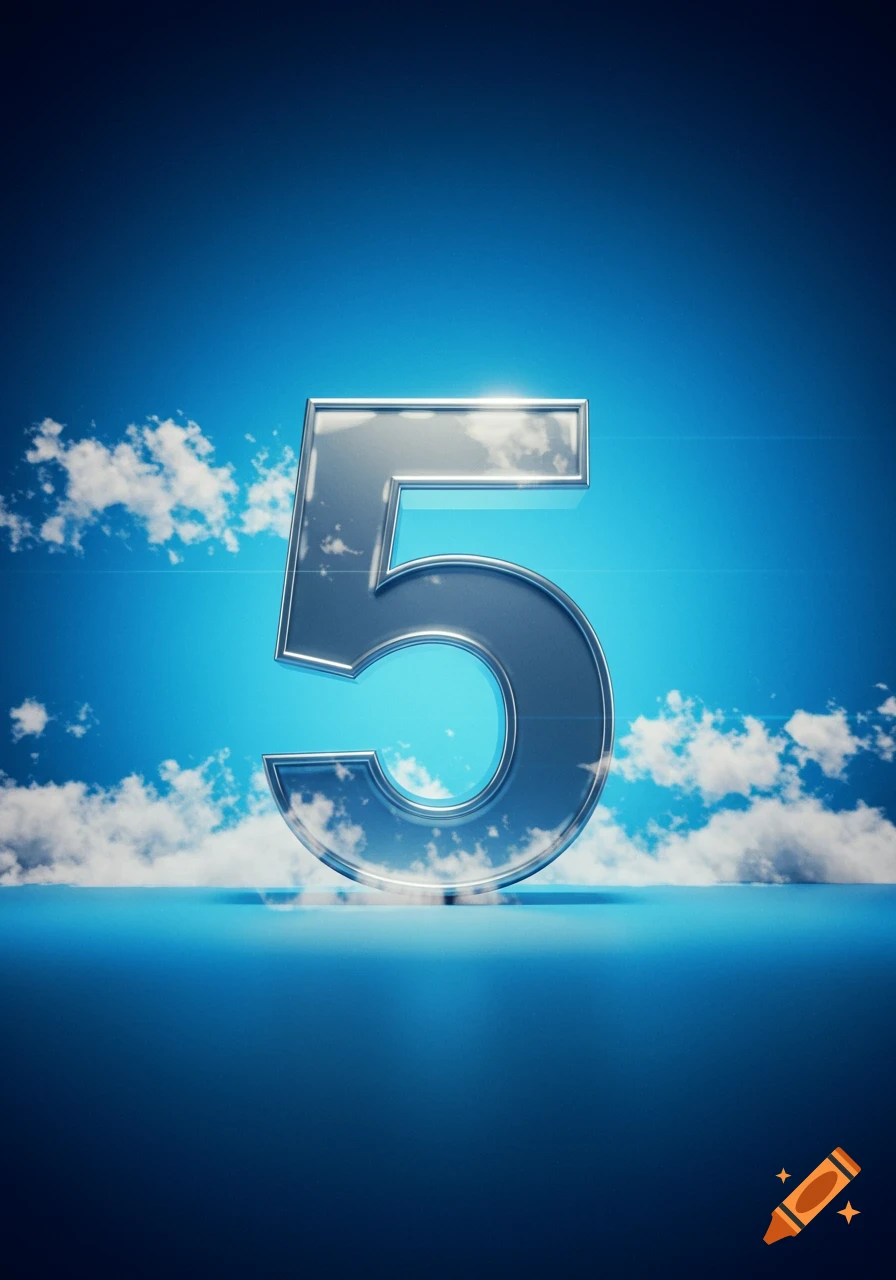 Large, metallic number 5 floating above a reflective blue surface, set against a bright blue sky with clouds.