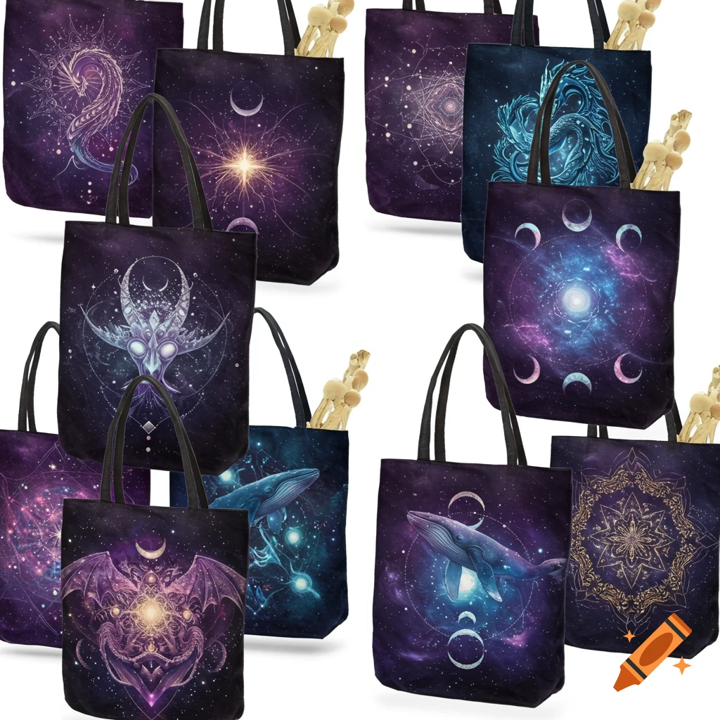 A collage of dark purple and blue tote bags featuring various mystical and cosmic designs, including whales, moons, mandalas, and abstract creatures.