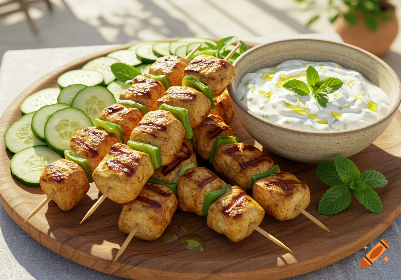 Photorealistic image of chicken souvlaki skewers with sliced cucumbers and a bowl of tzatziki dip on a wooden board.