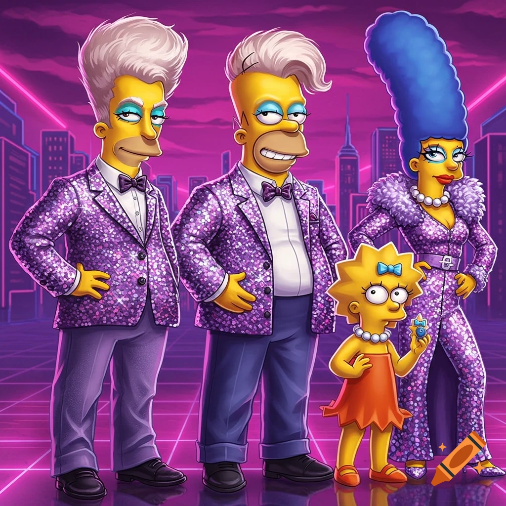 The Simpsons family, including Homer, Marge, and Lisa, in sparkly purple outfits with glamorous hair and makeup, against a neon city backdrop.