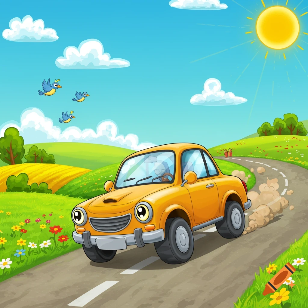 A vibrant cartoon illustration shows an orange car driving on a winding road through green hills under a sunny blue sky with birds flying.