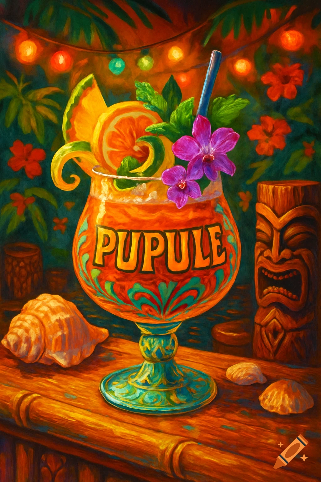A vibrant painting of a tiki drink with 'PUPULE' written on the glass, garnished with fruit and orchids, on a wooden table with a conch shell and tiki idol.