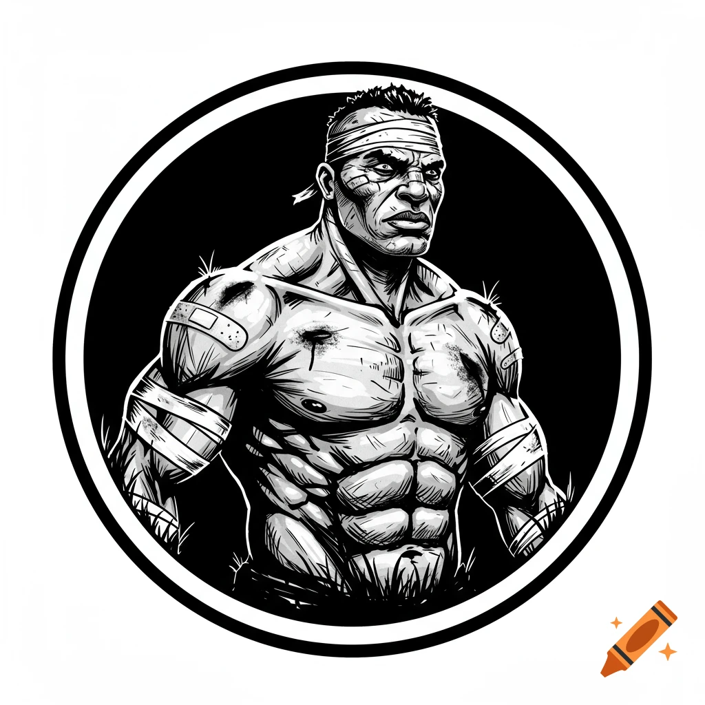Black and white circular logo of a strong, bandaged fighter with grass stains.