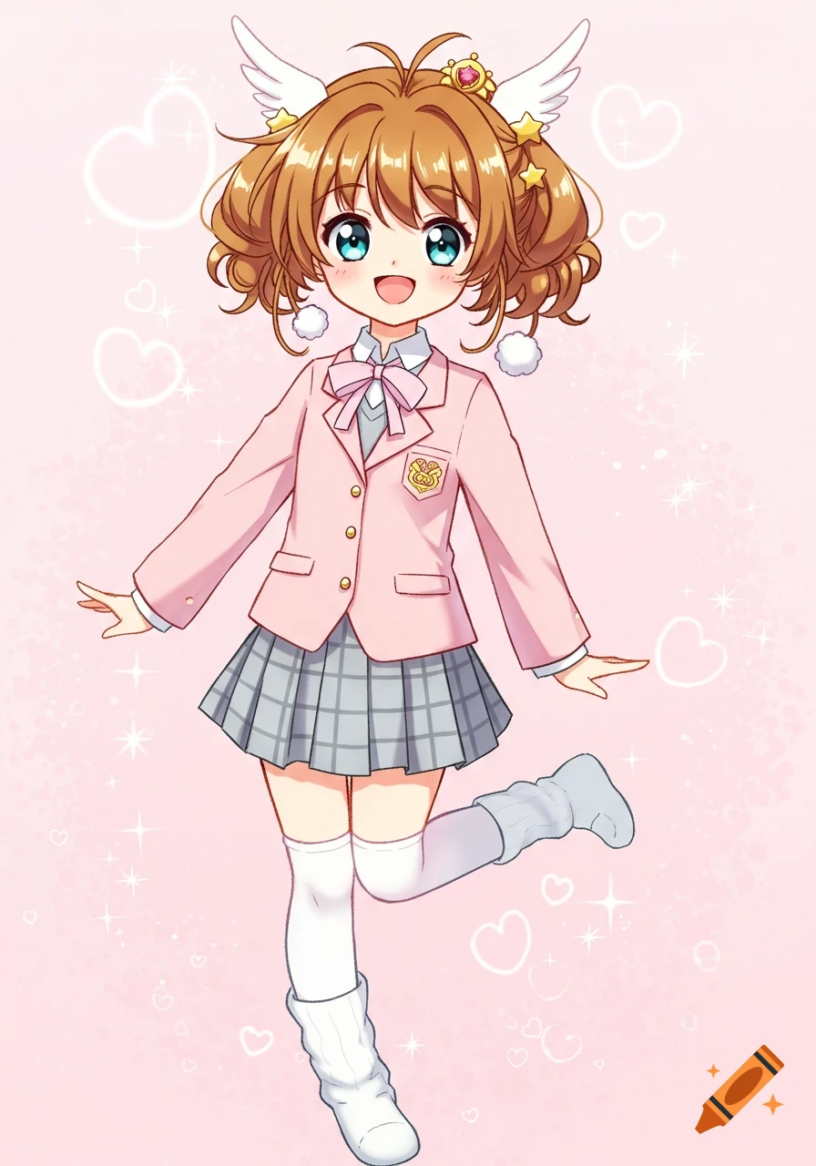 Anime girl with brown hair, blue eyes, pink blazer, gray plaid skirt, and wing hairclips, smiling against a pink heart background.