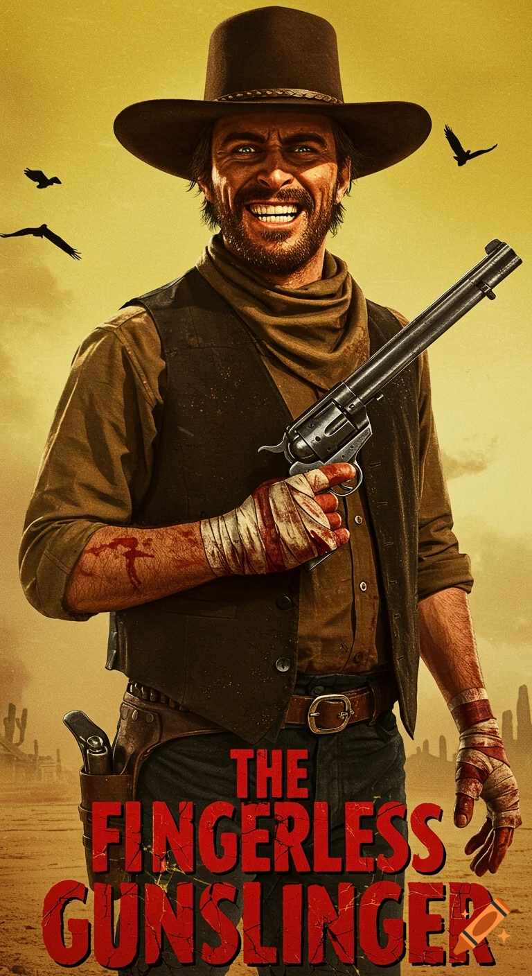 A stylized movie poster for 'The Fingerless Gunslinger' featuring a smiling cowboy with bandaged, bloody hands holding a revolver in a desert setting with birds flying.
