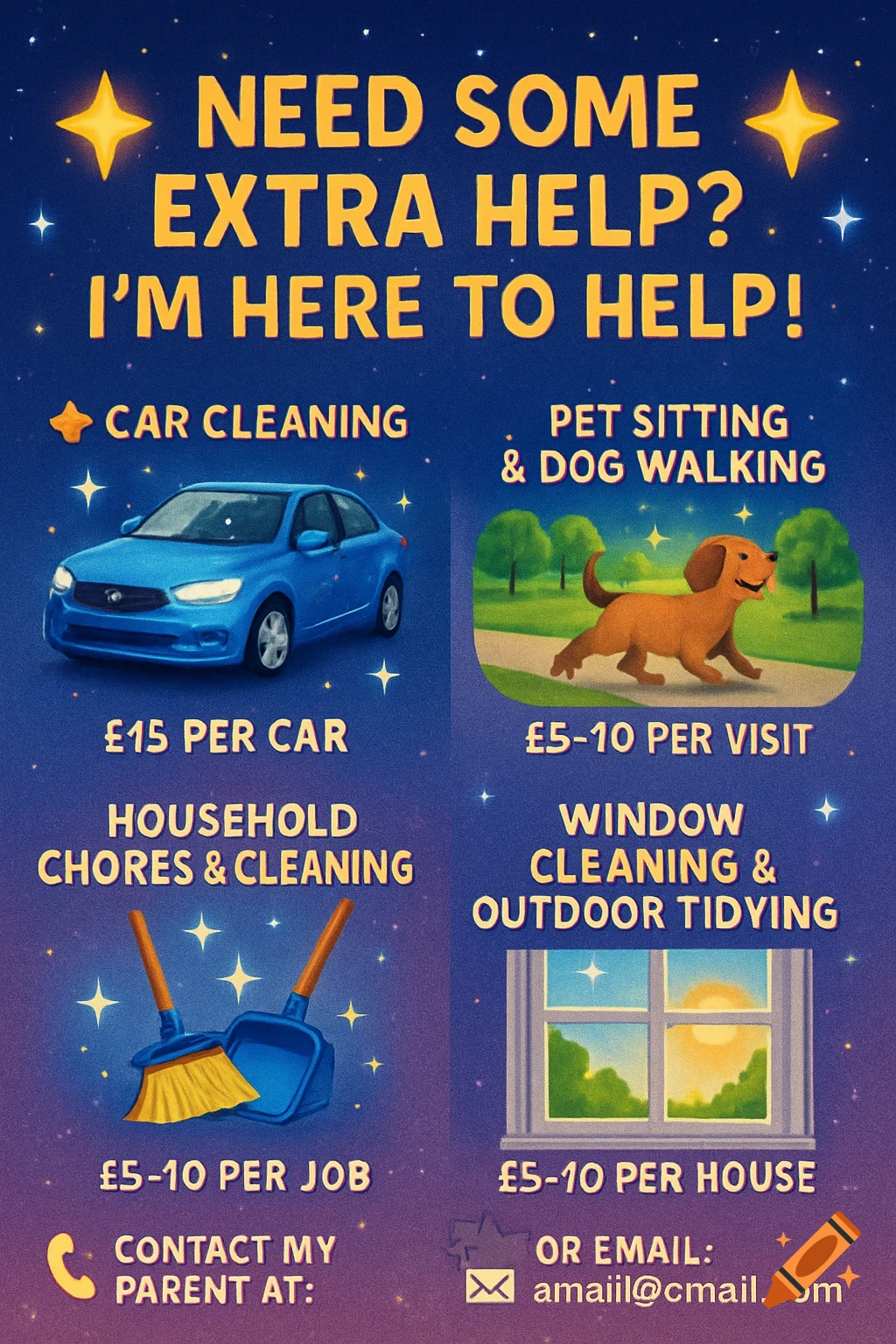 A colorful flyer advertising various services like car cleaning, pet sitting, household chores, and window cleaning, with cartoon illustrations.