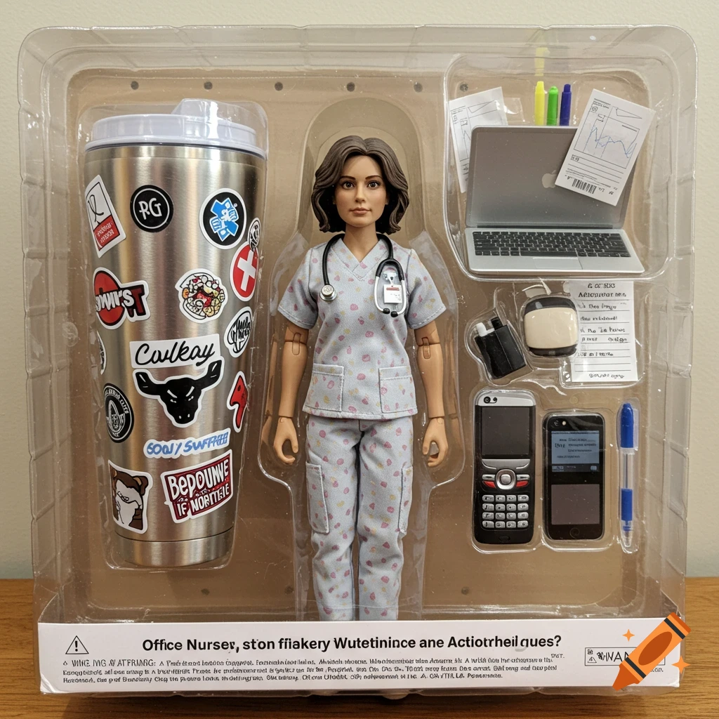 A photorealistic action figure of an office nurse in clear plastic packaging, featuring a cup with stickers, a laptop, and two cell phones.