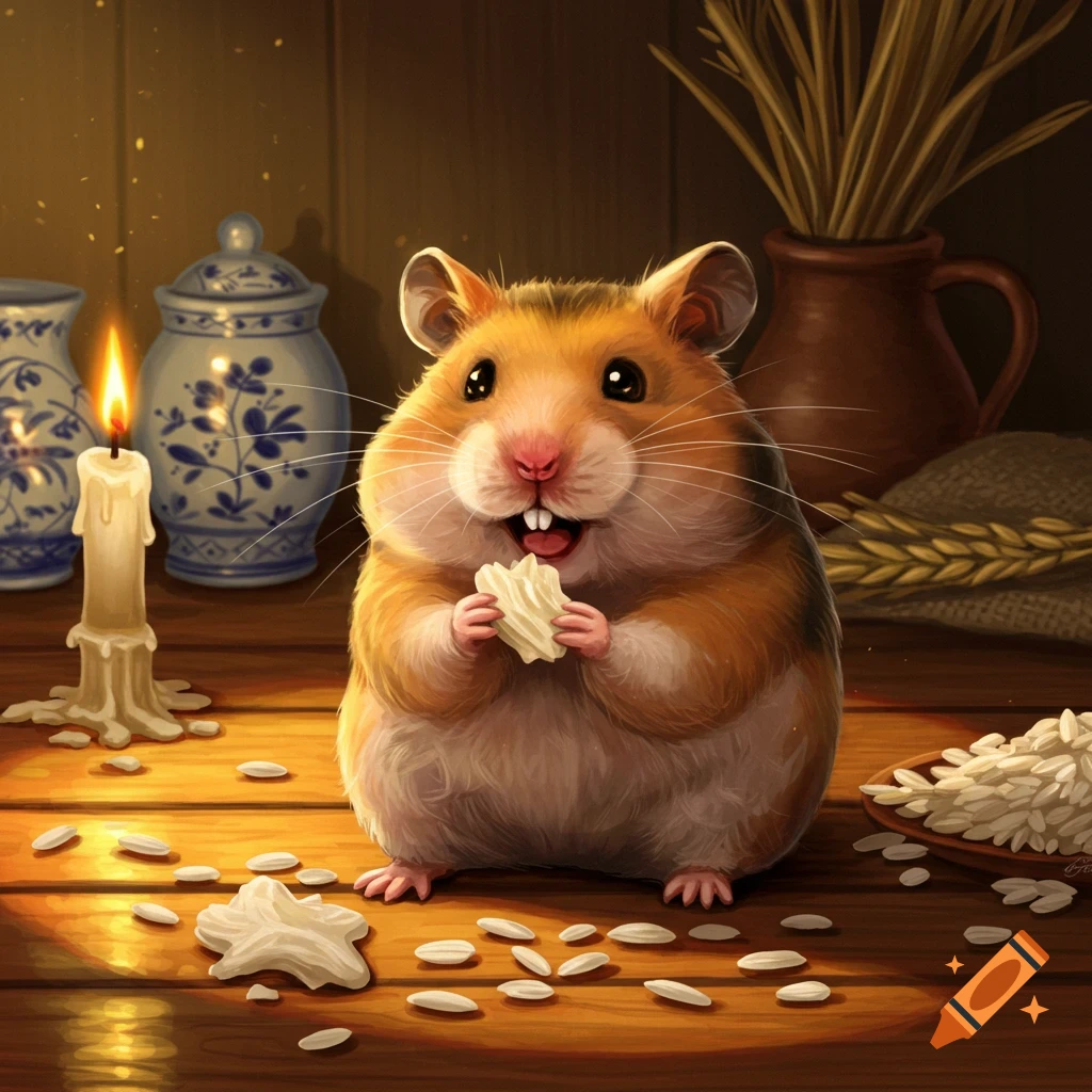 A cute hamster sits on a wooden table, holding a piece of food in its paws. Rice grains are scattered around, illuminated by candlelight. Digital art.