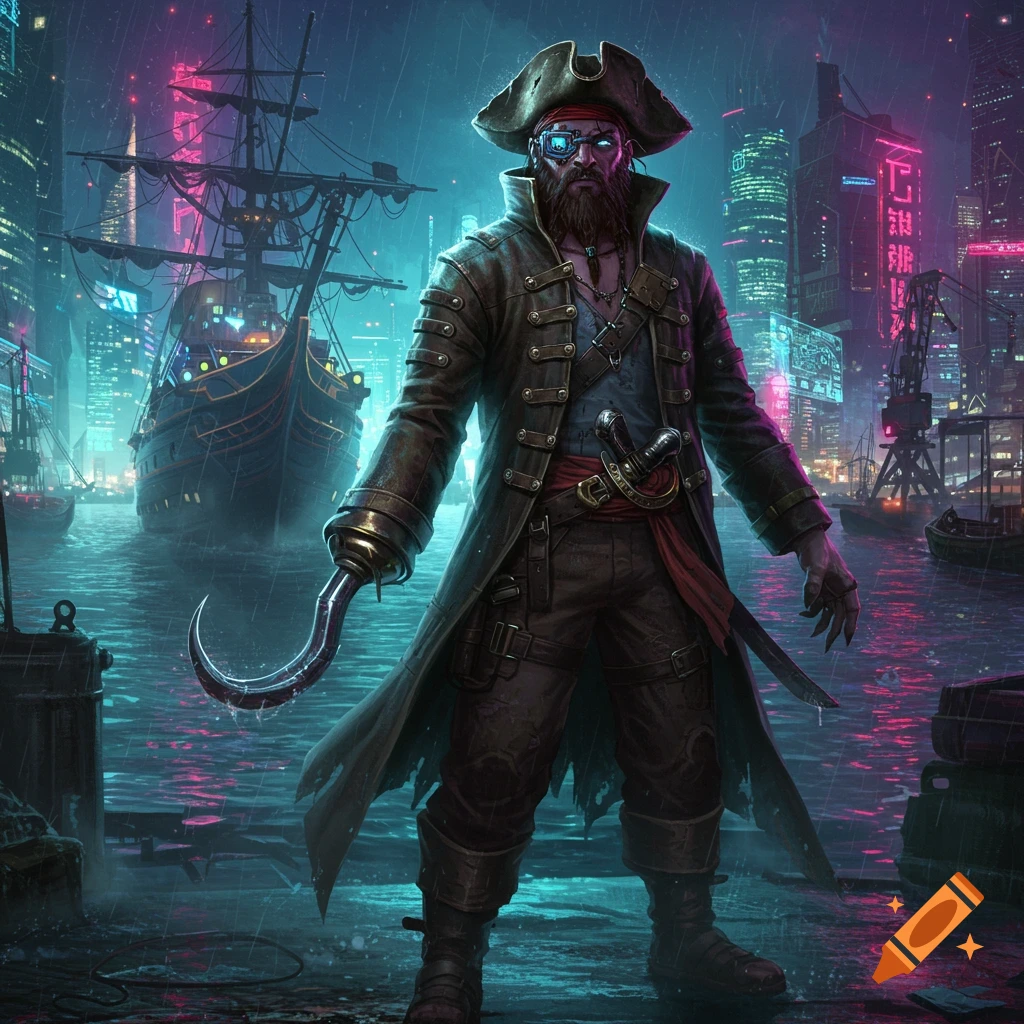 A cyberpunk pirate with a hook hand and glowing eyes stands in a rainy, neon-lit futuristic city harbor.