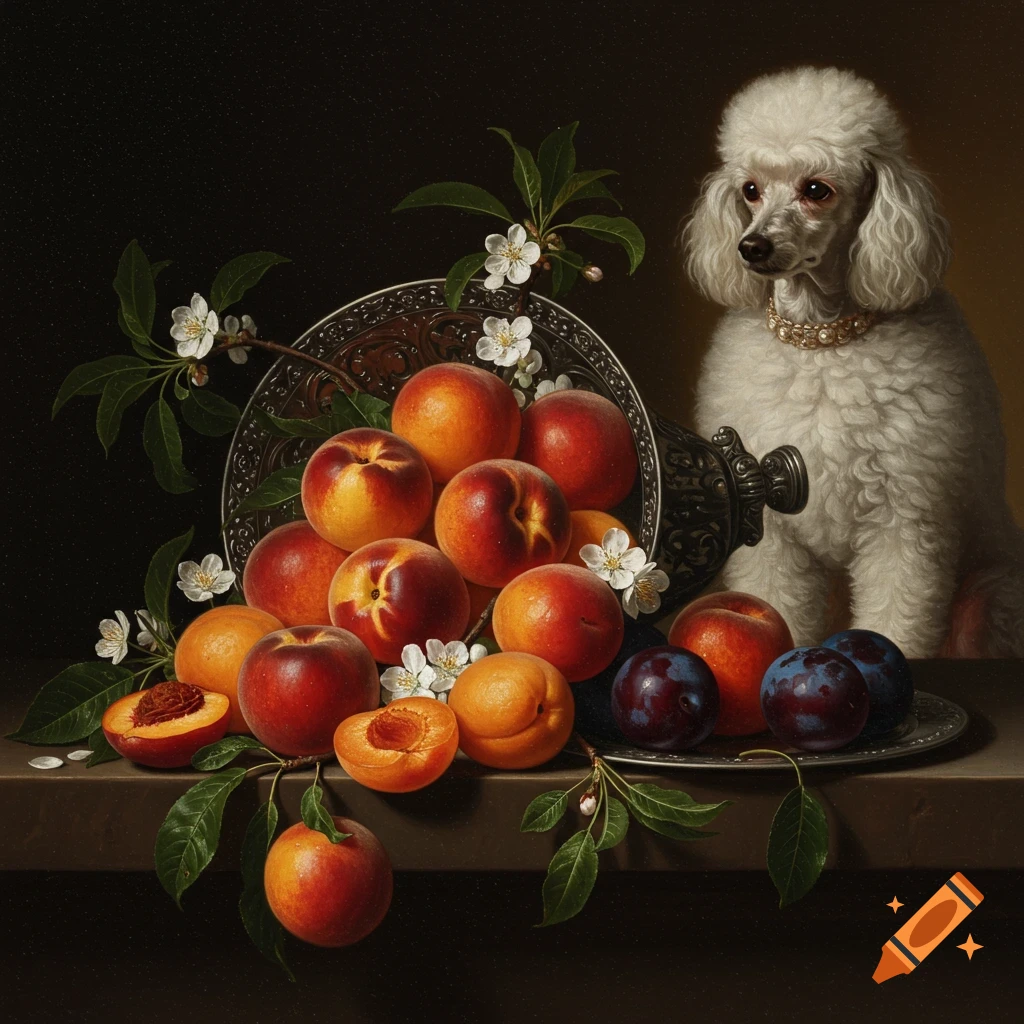 Italian Renaissance style painting of a still life with nectarines, peaches, apricots, and plums, with a white poodle wearing pearls in the background.