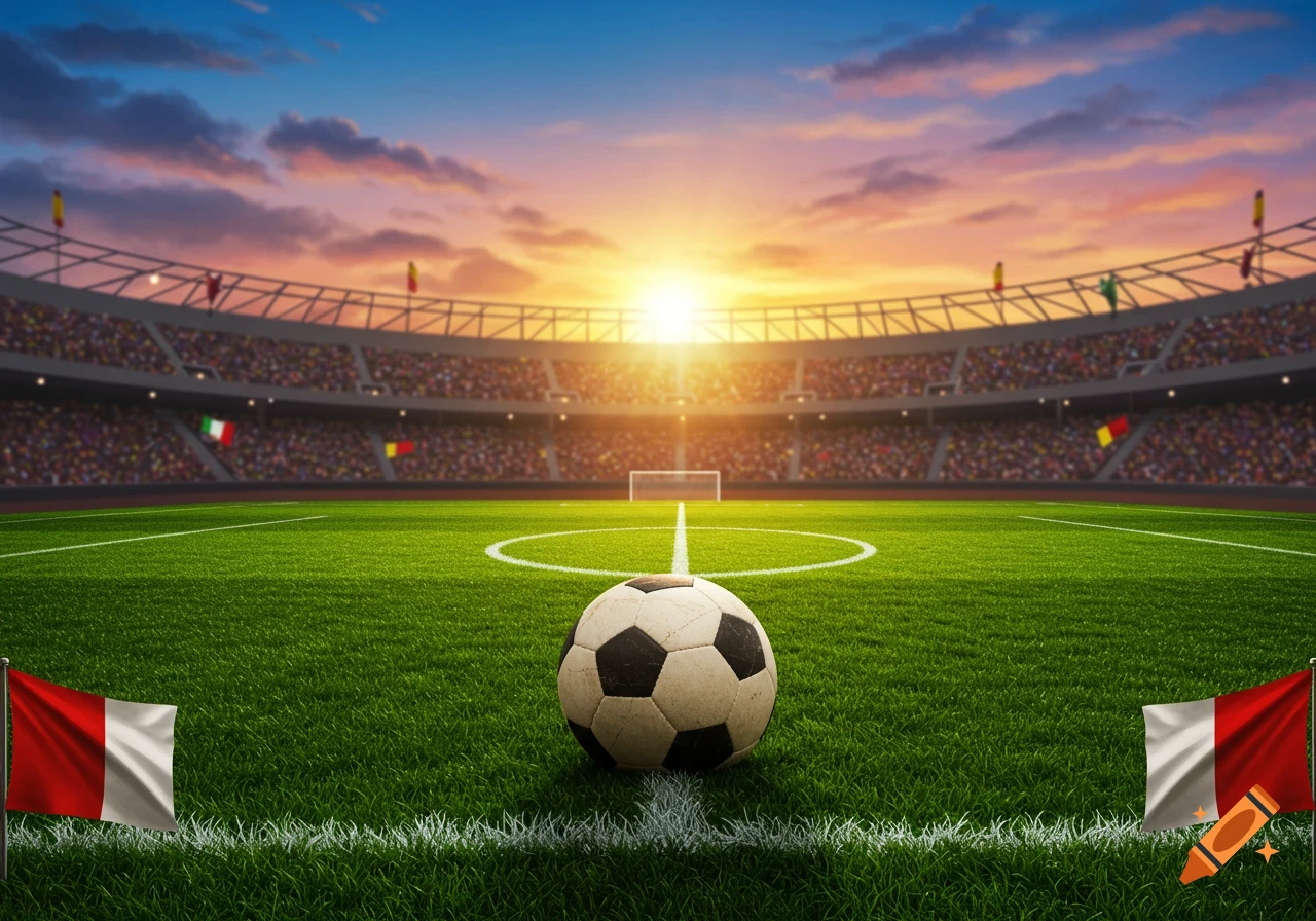 Photorealistic image of a soccer ball on a green field in a large stadium at sunset.