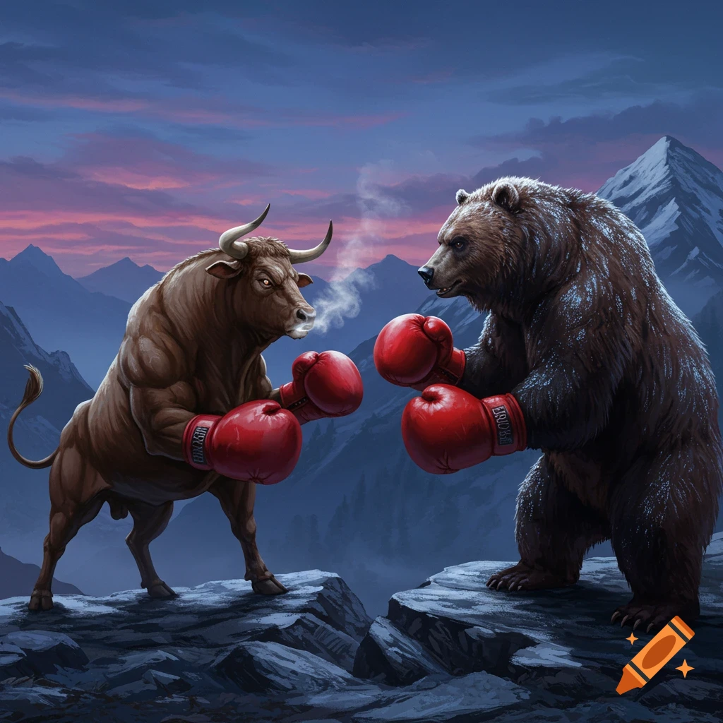 A muscular bull and a large bear, both wearing red boxing gloves, stand facing each other on rocky mountain peaks at dusk.