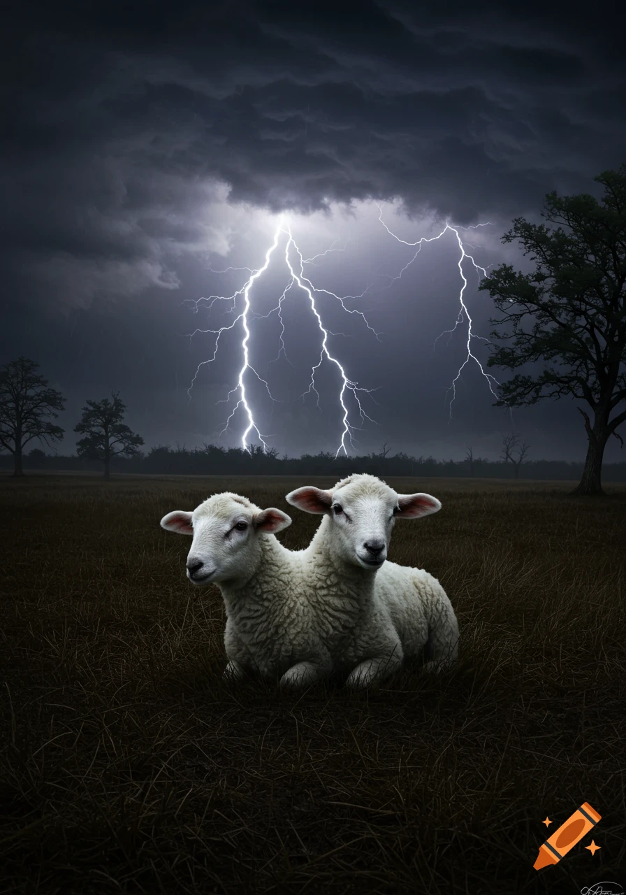 A two-headed lamb lies in a dark, empty field under a stormy sky with bright lightning striking in the background.