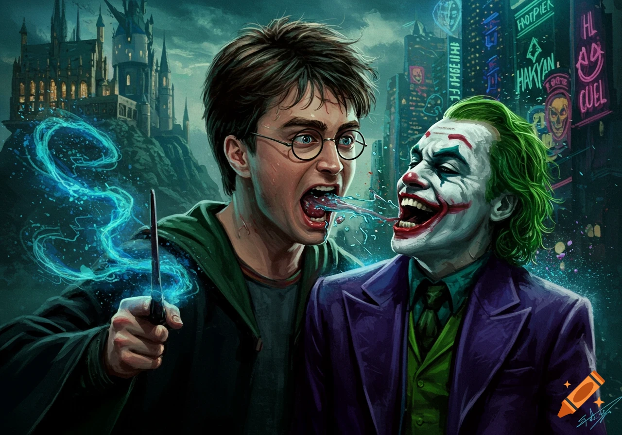 Digital art of Harry Potter spitting blue liquid at the Joker, who laughs, in a dark city with a castle in the background.