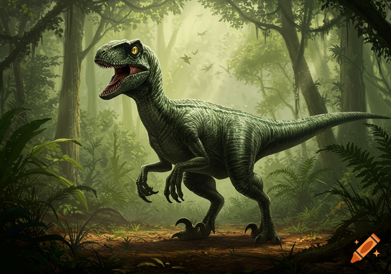 A green Velociraptor with yellow eyes roars in a lush, misty jungle.