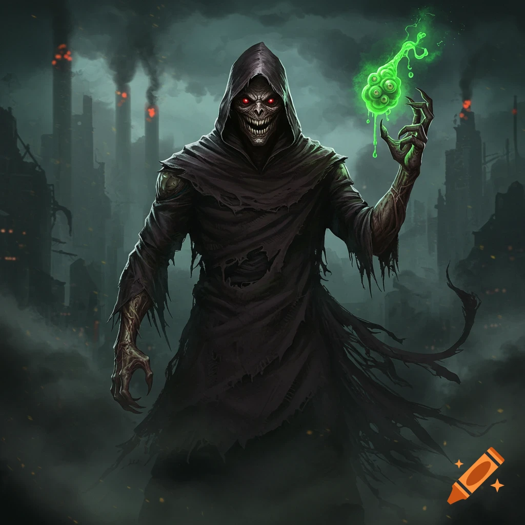 A dark fantasy illustration of a hooded, monstrous supervillain with red eyes and sharp teeth, holding a glowing green blob in a ruined, smoky industrial city.