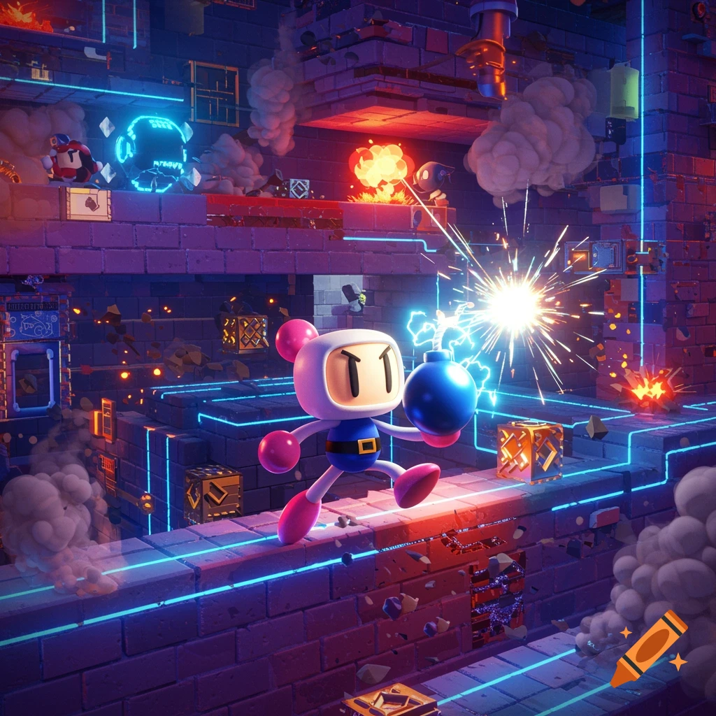 A cartoon Bomberman character with a blue bomb in a glowing neon block maze, with explosions and smoke effects.